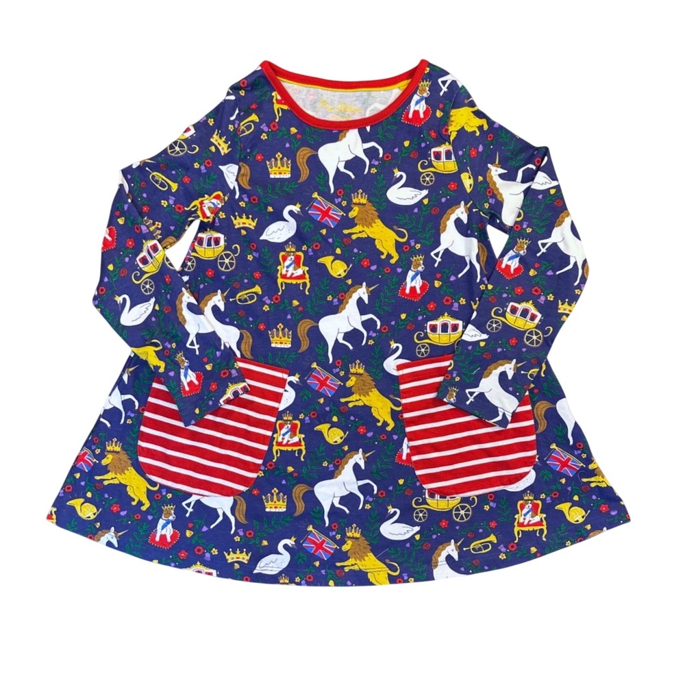 NWOT Mini Boden British Royal Dress w/ Unicorns Dogs Lions Carriages Size 7-8
